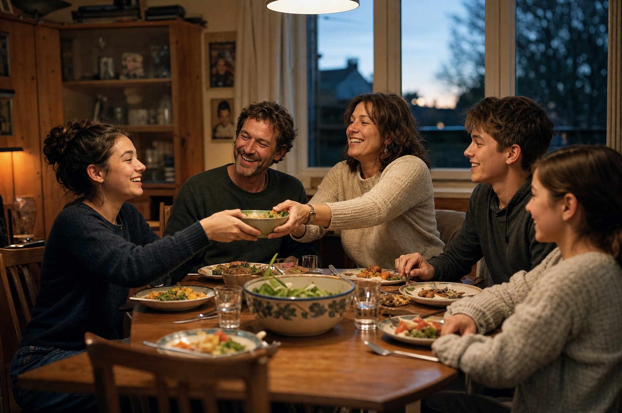 Jugendliche und Gastfamilie sitzen lachend beim gemeinsamen Abendessen an einem Esstisch.