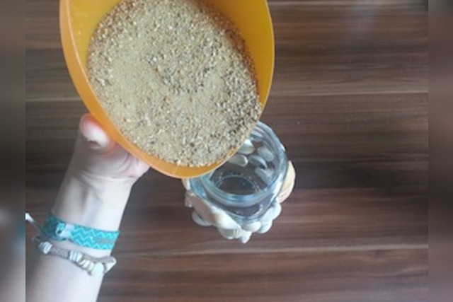 Sand, orange, Windlicht, Glas, Muscheln, basteln